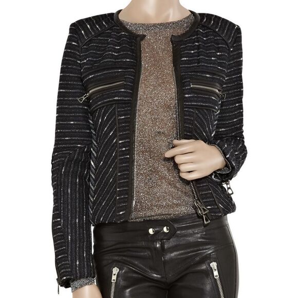 Isabel Marant Wool Silk Crista Moto Jacket Leather Trim Black Tweed Size 1 S - Picture 2 of 13